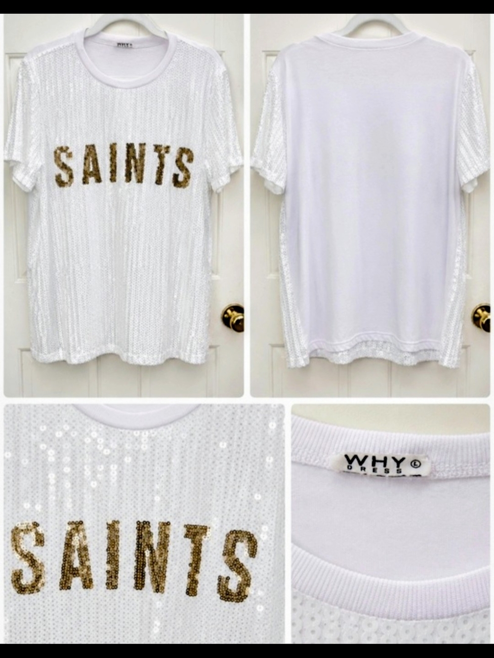 New Orleans Saints Sequin Game Day White Gold Bling NFL T-Shirt Why Dress HTF